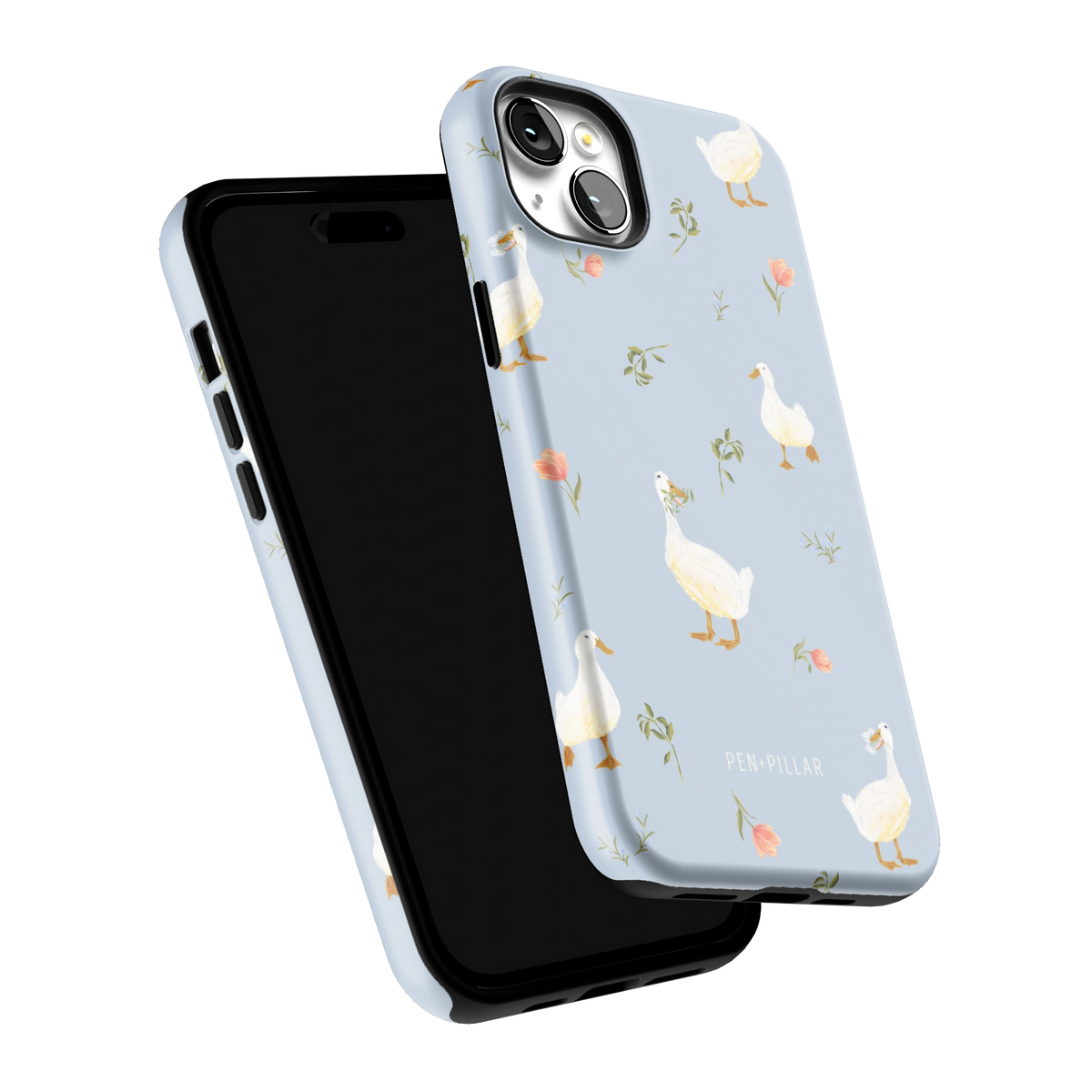Ducks iPhone 14 Plus case tilted to show the raised edges around the screen and camera