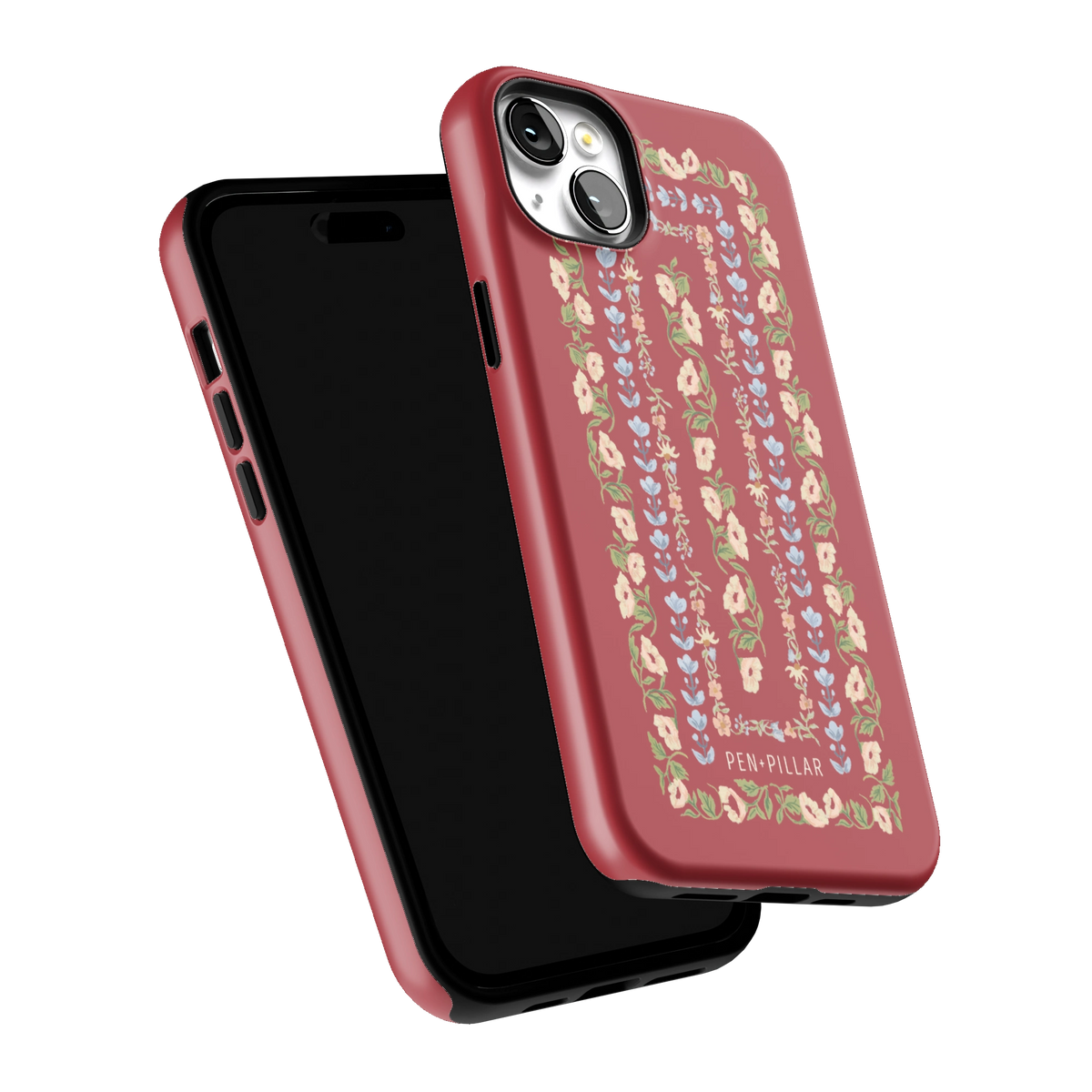 Fiona iPhone 14 Plus case tilted to show the raised edges around the screen and camera