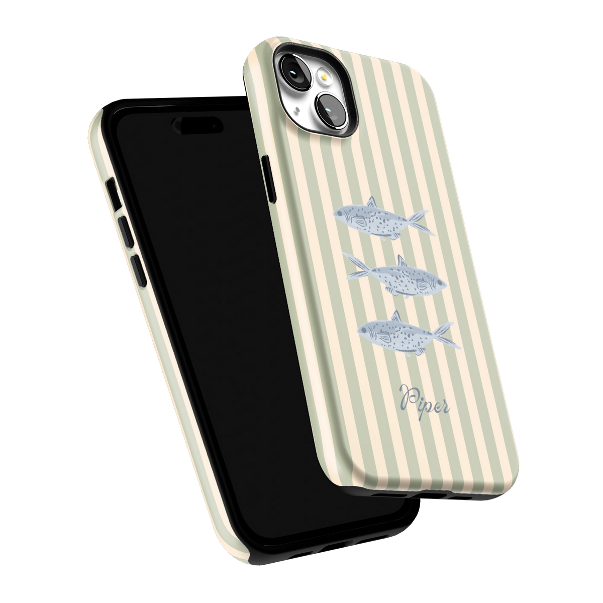 Sea Stripes Personalized iPhone 14 Plus case tilted to show the raised edges around the screen and camera