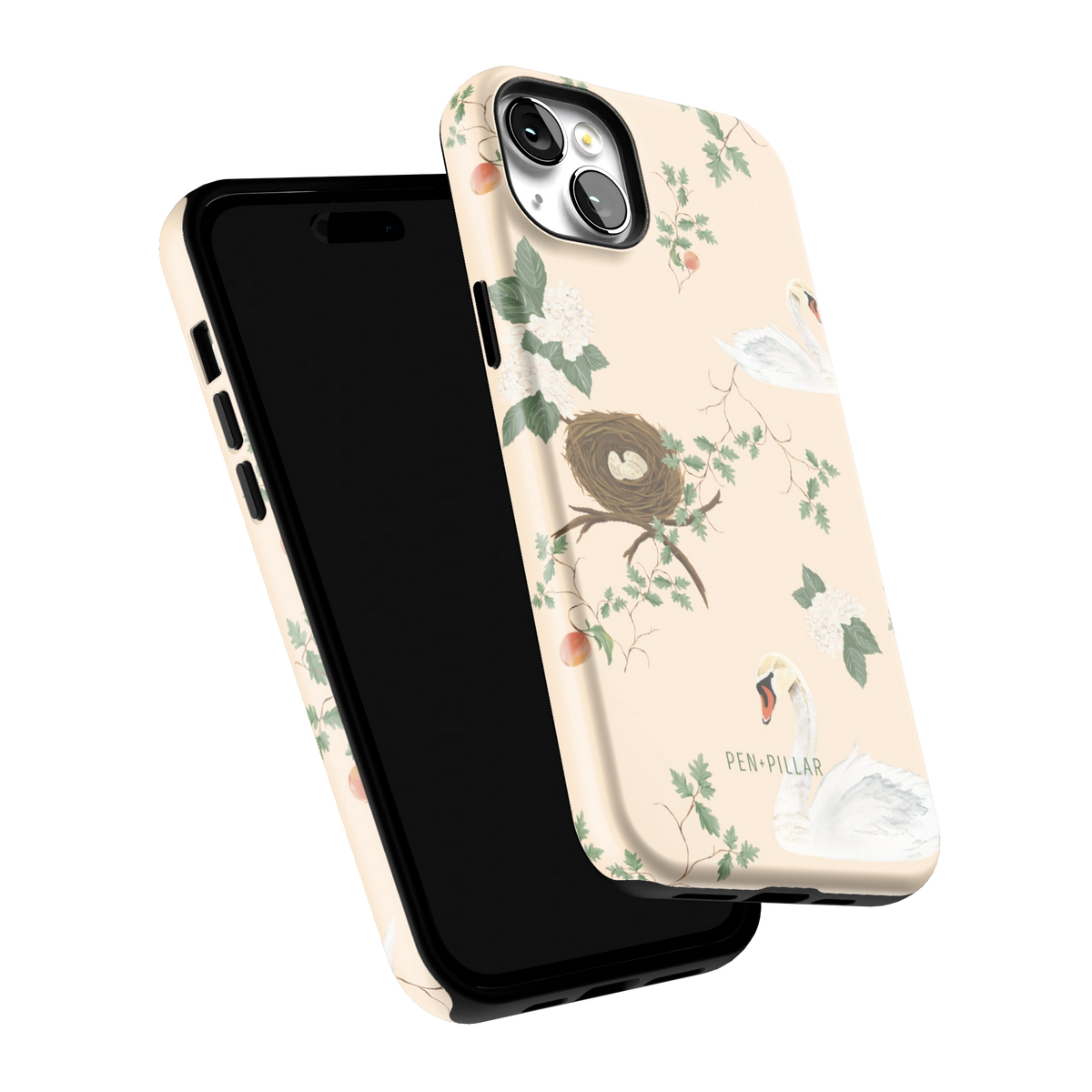 Swan Hollow iPhone 14 Plus case tilted to show the raised edges around the screen and camera