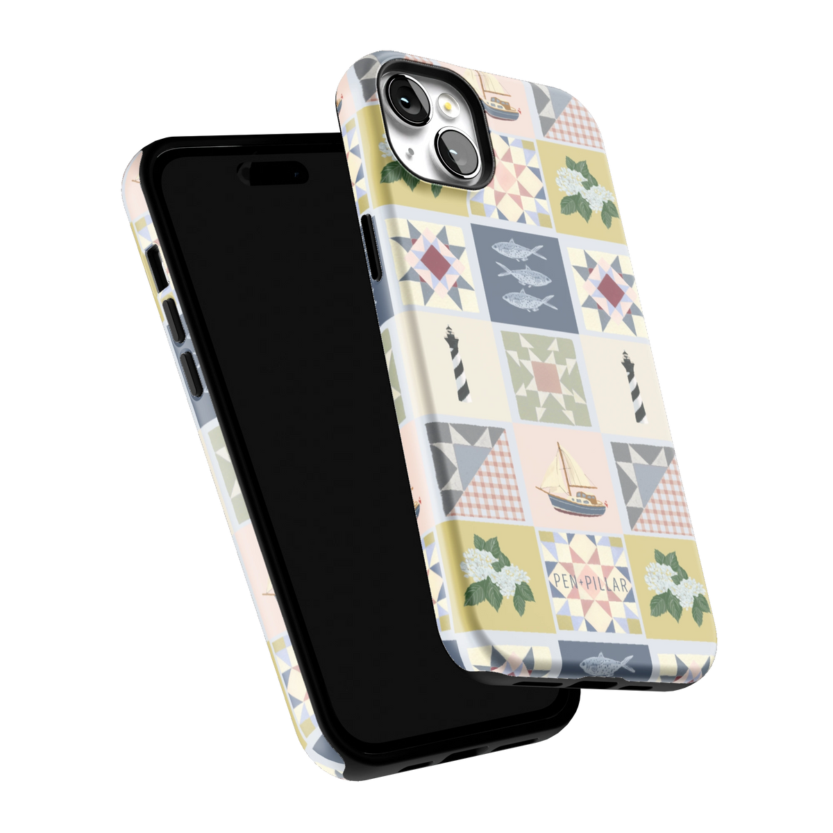 Coastal Quilt iPhone 14 Plus case tilted to show the raised edges around the screen and camera