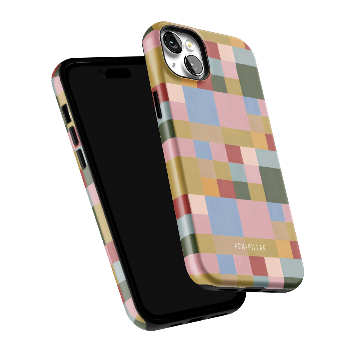 Colorblock iPhone 14 Plus case tilted to show the raised edges around the screen and camera
