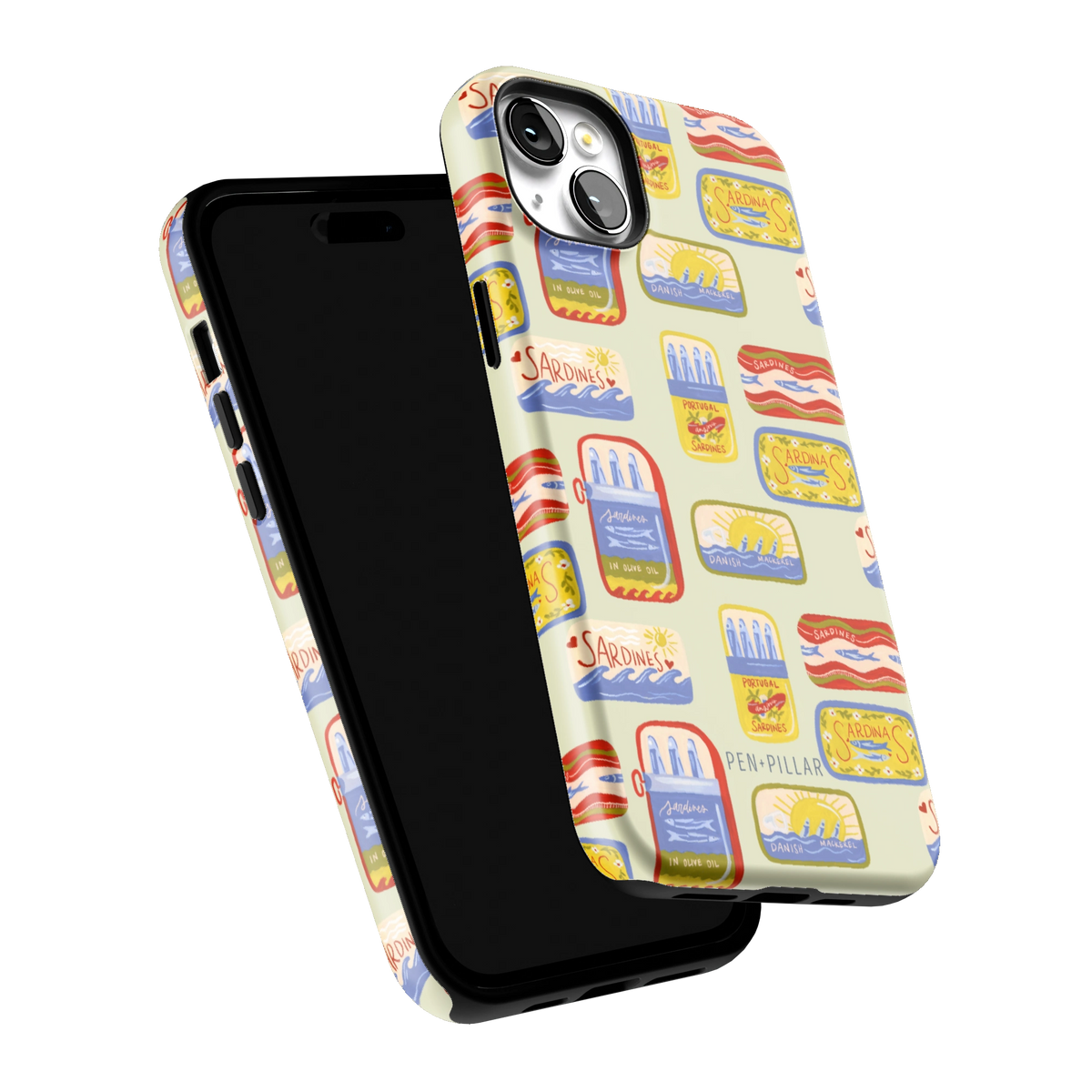 Sardines iPhone 14 Plus case tilted to show the raised edges around the screen and camera