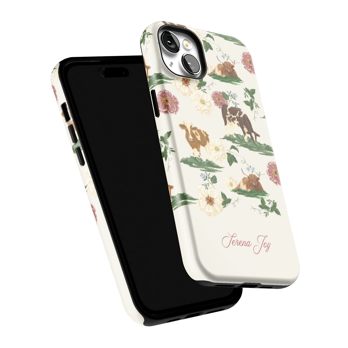 Pasture Personalized iPhone 14 Plus case tilted to show the raised edges around the screen and camera