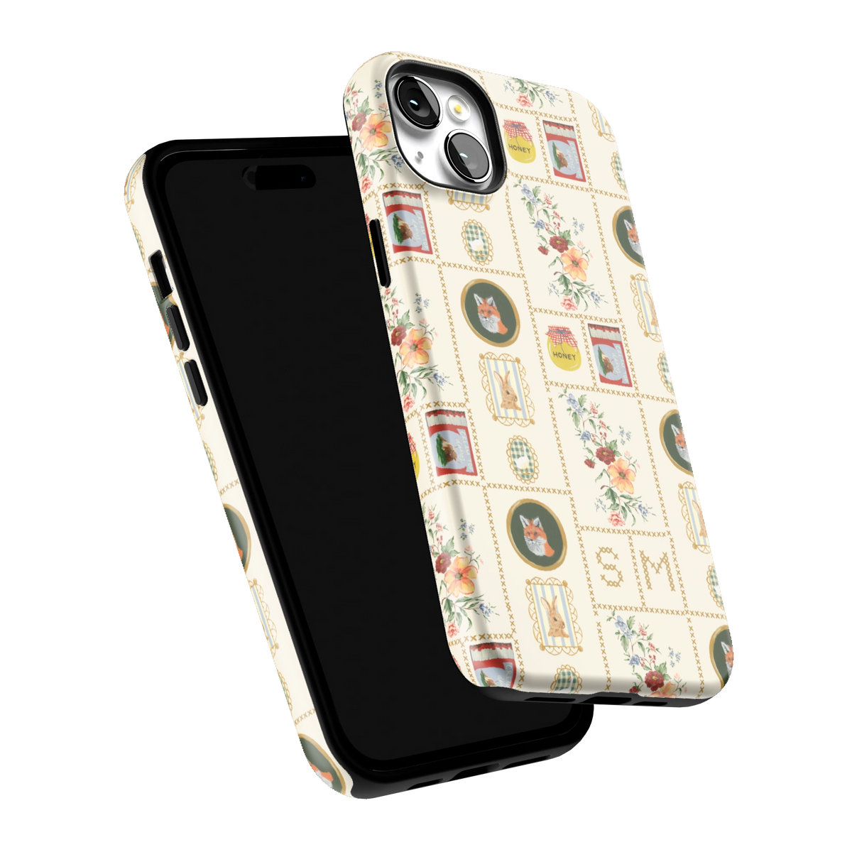 Sampler Personalized iPhone 14 Plus case tilted to show the raised edges around the screen and camera