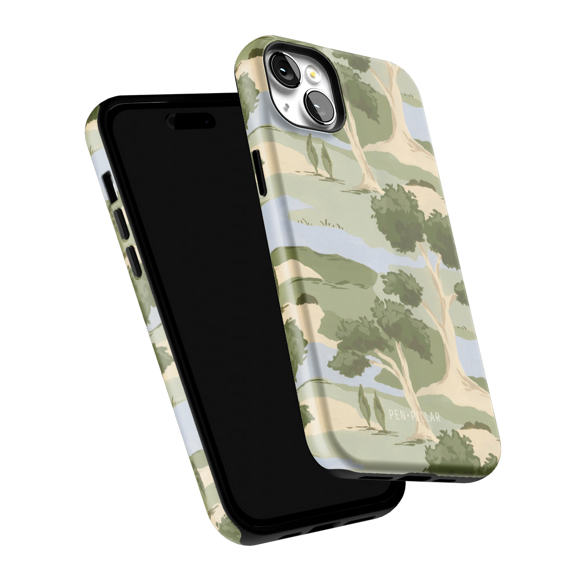 Orchard iPhone 14 Plus case tilted to show the raised edges around the screen and camera