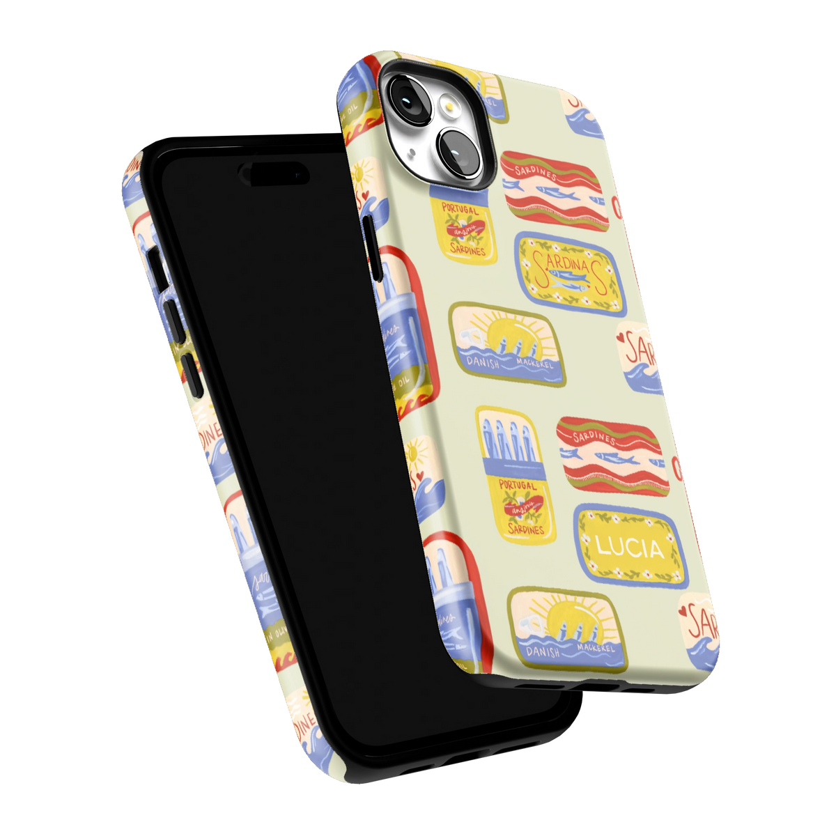 Sardines Personalized iPhone 14 Plus case tilted to show the raised edges around the screen and camera