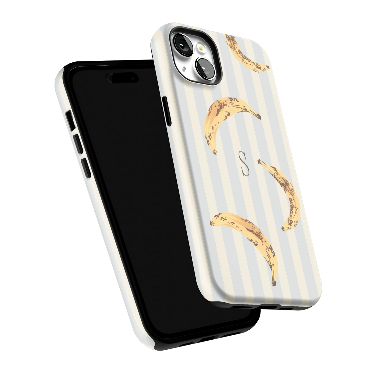 Striped Bananas Personalized iPhone 14 Plus case tilted to show the raised edges around the screen and camera