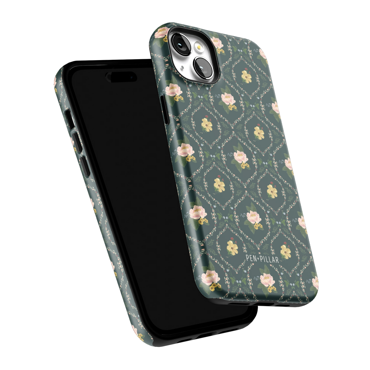 Meadow iPhone 14 Plus case tilted to show the raised edges around the screen and camera