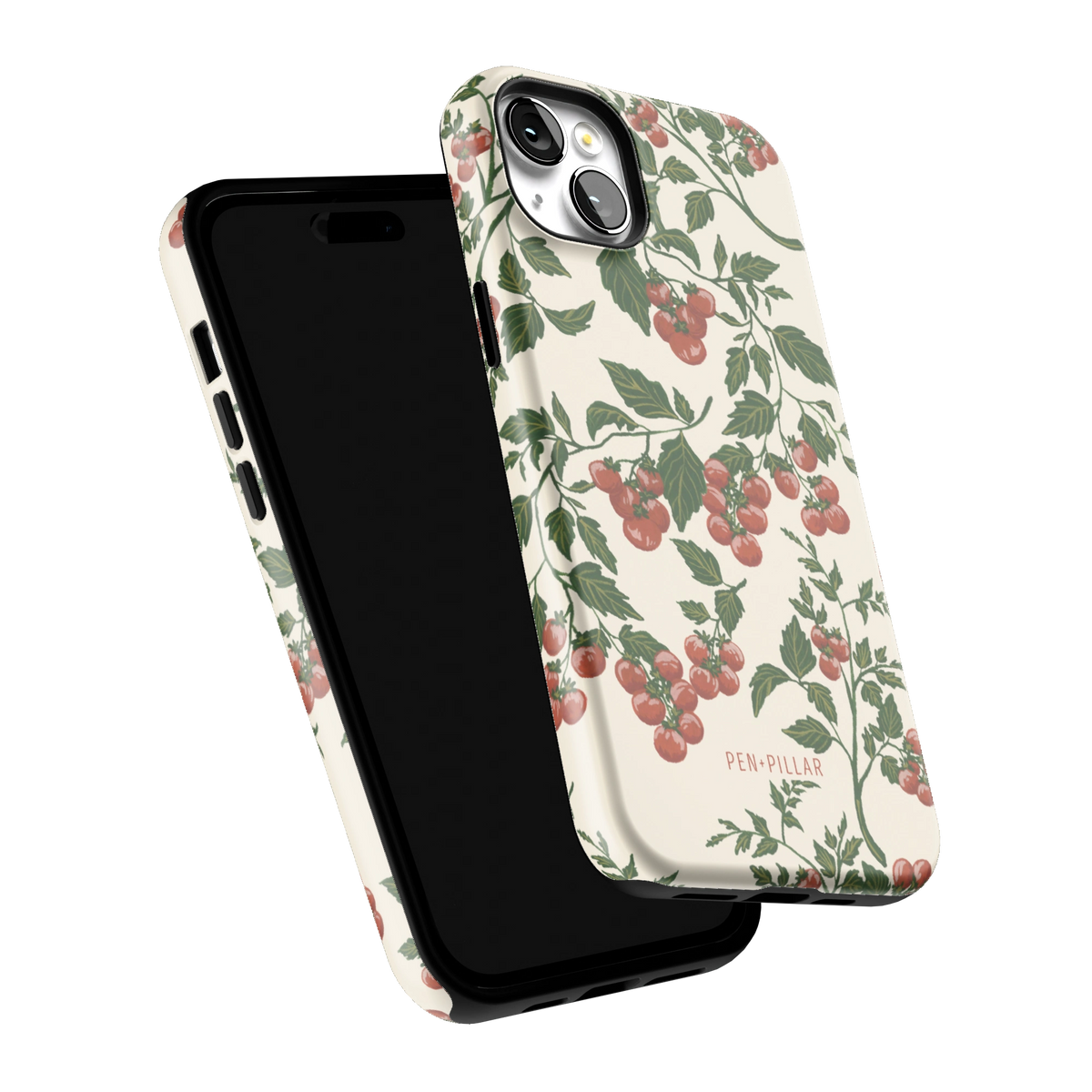 Tomato Vines iPhone 14 Plus case tilted to show the raised edges around the screen and camera