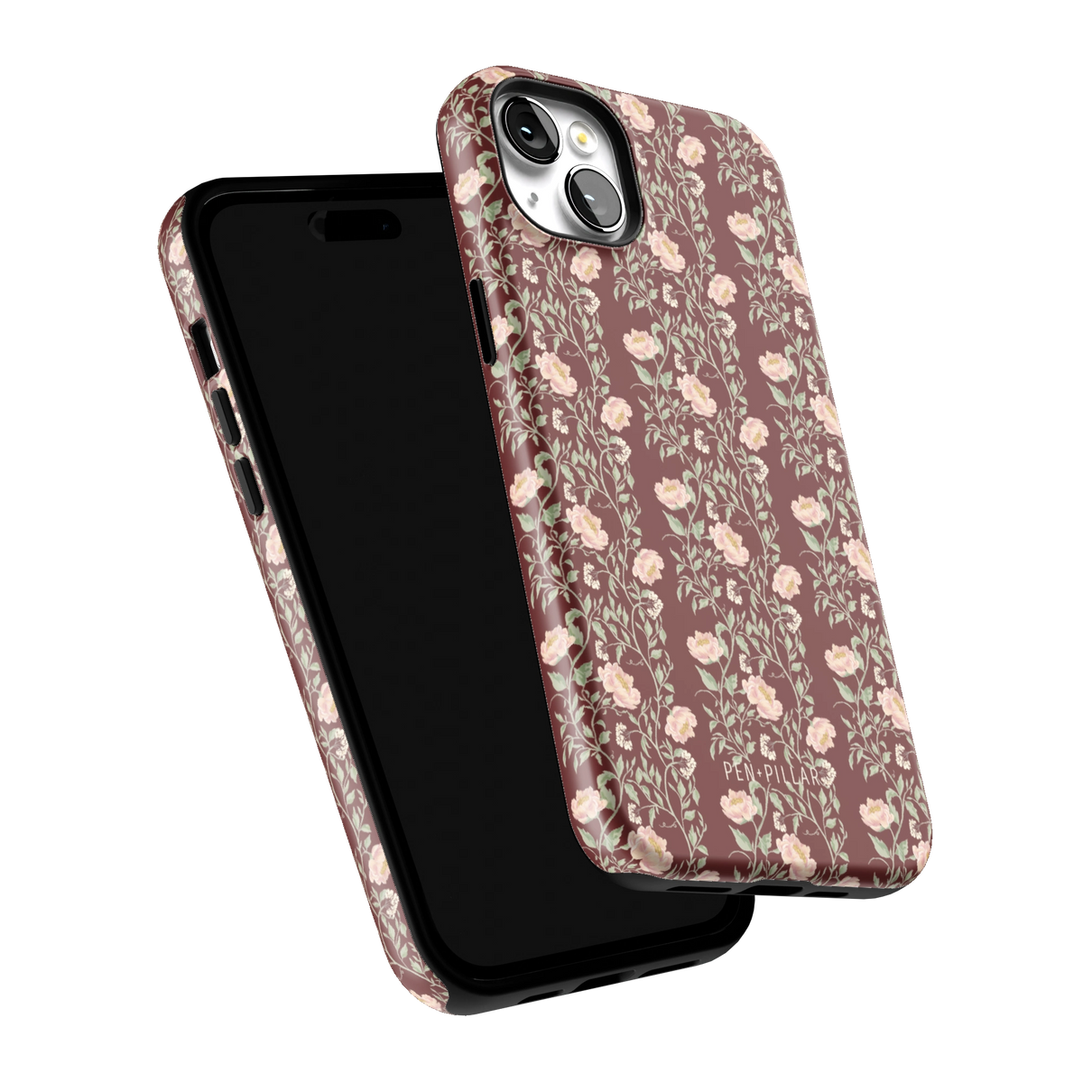 Thicket iPhone 14 Plus case tilted to show the raised edges around the screen and camera
