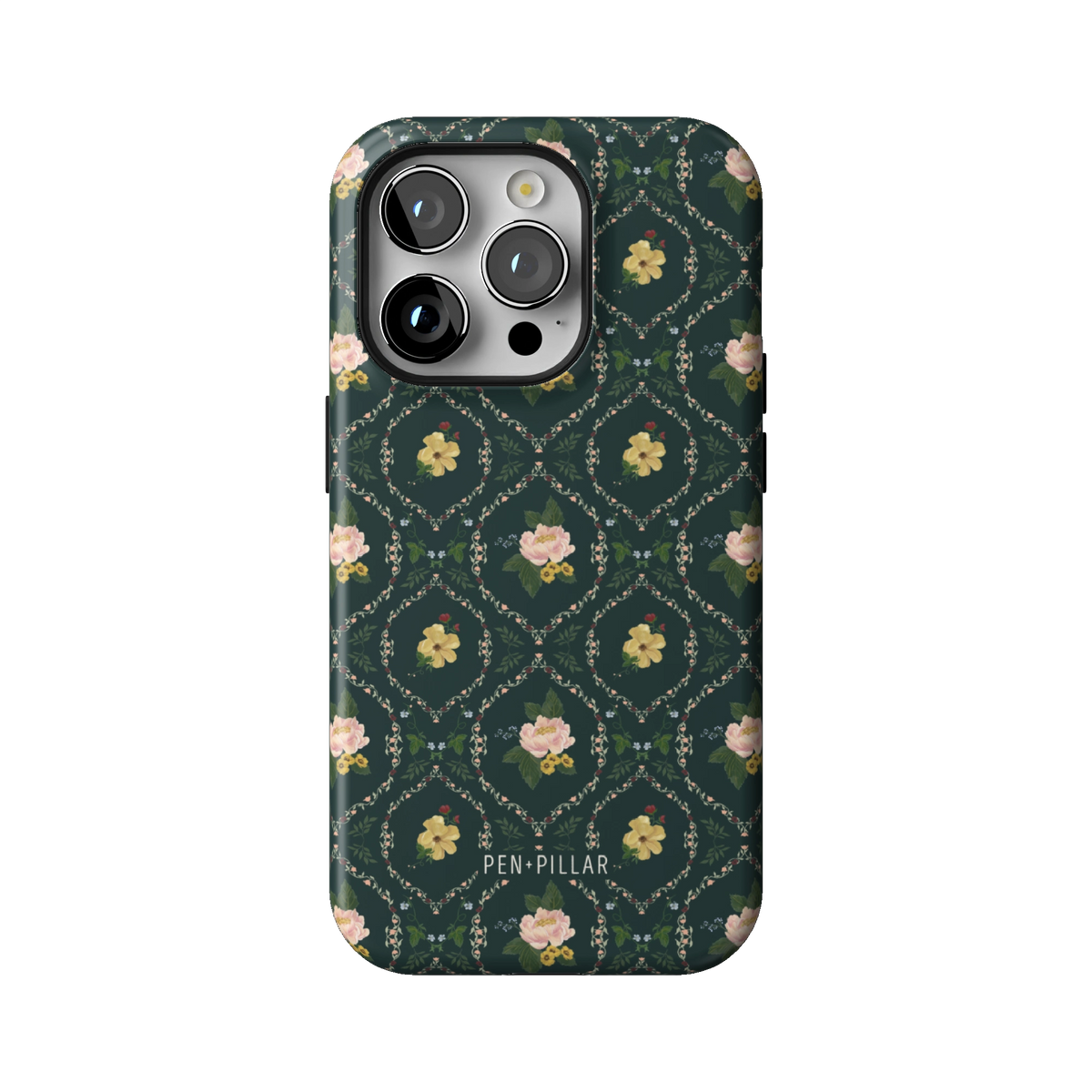 Meadow case on iPhone 14 Pro, back view: small yellow and pink flowers in a diamond trellis on deep green