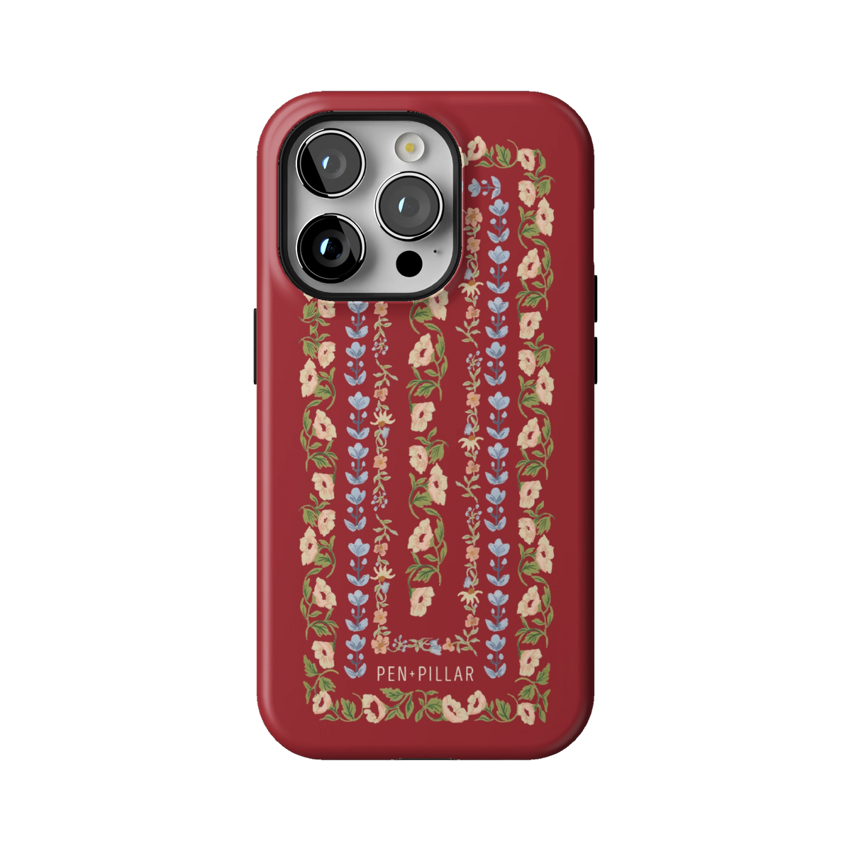 Fiona case on iPhone 14 Pro, back view: ornate floral stripes in cream, blush and blue on rich red