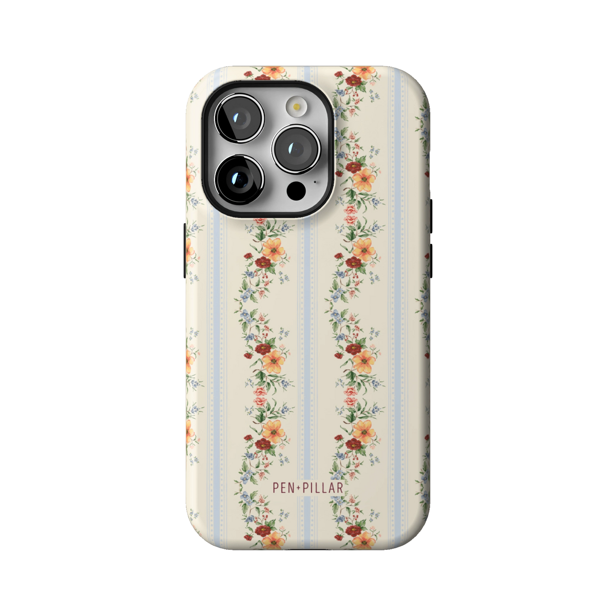 Wallflower case on iPhone 14 Pro, back view: floral garlands in orange and blush on cream and pale blue stripes