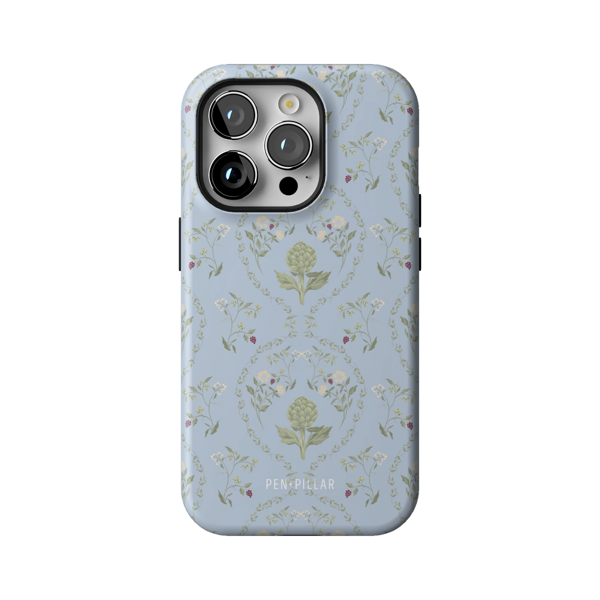 Artichoke case on iPhone 14 Pro, back view: soft green artichokes in a vintage trellis on dusty blue