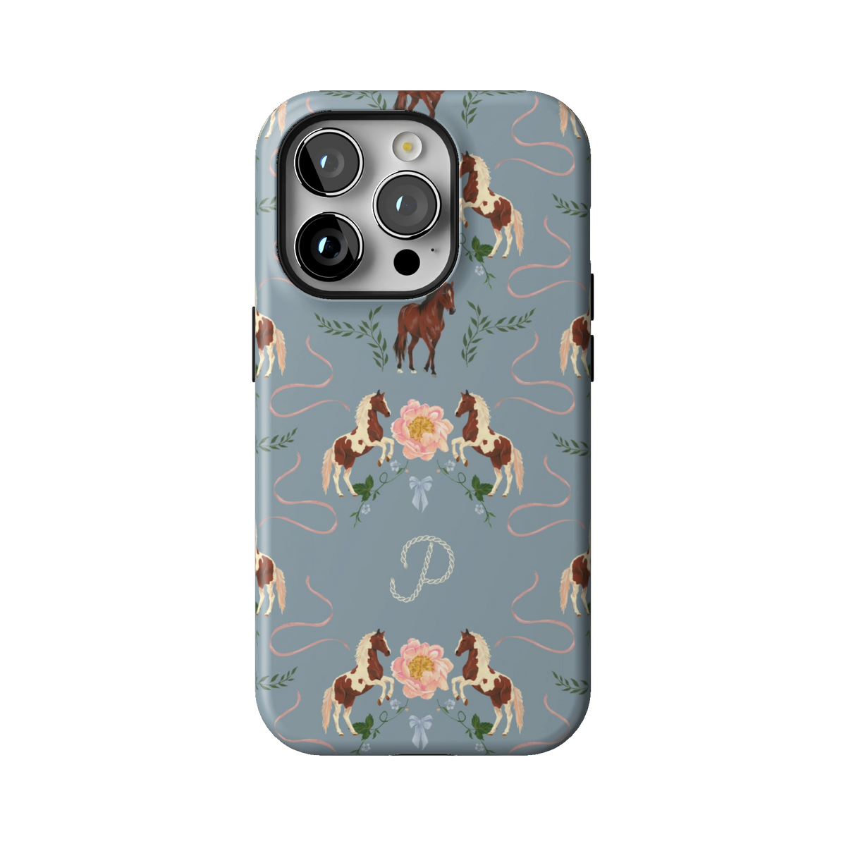 Prairie Personalized case on iPhone 14 Pro, back view: horses and blush florals on dusty blue with the initial P