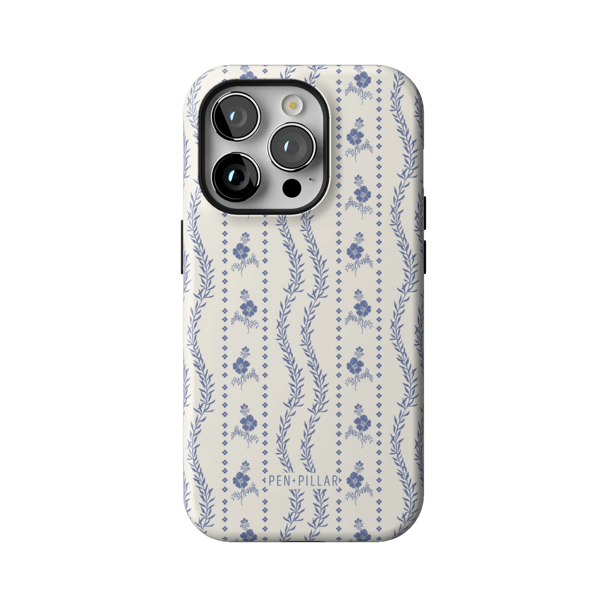 Riviera case on iPhone 14 Pro, back view: blue florals and vines in stripes on white