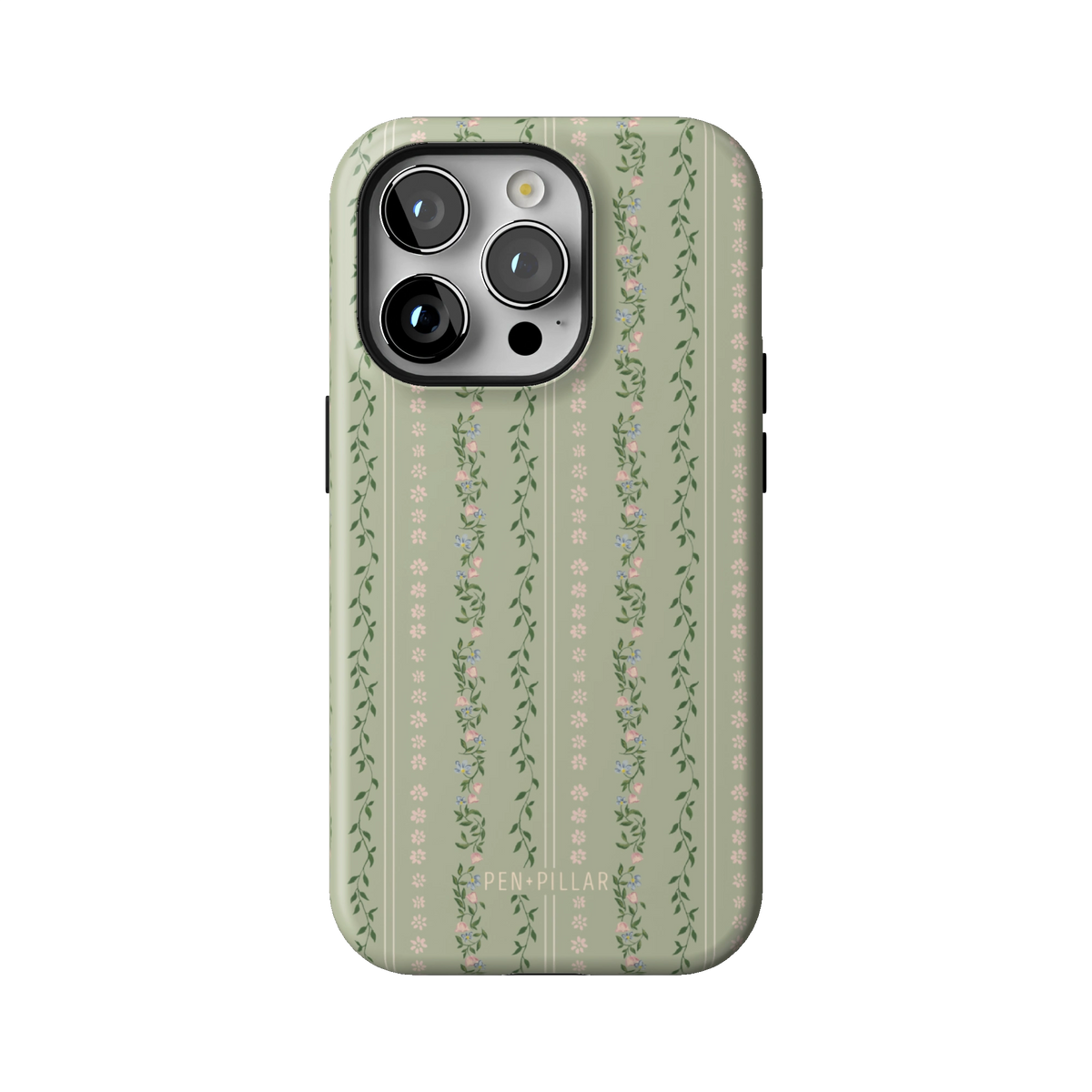 Camellia case on iPhone 14 Pro, back view: sage green with soft floral stripes