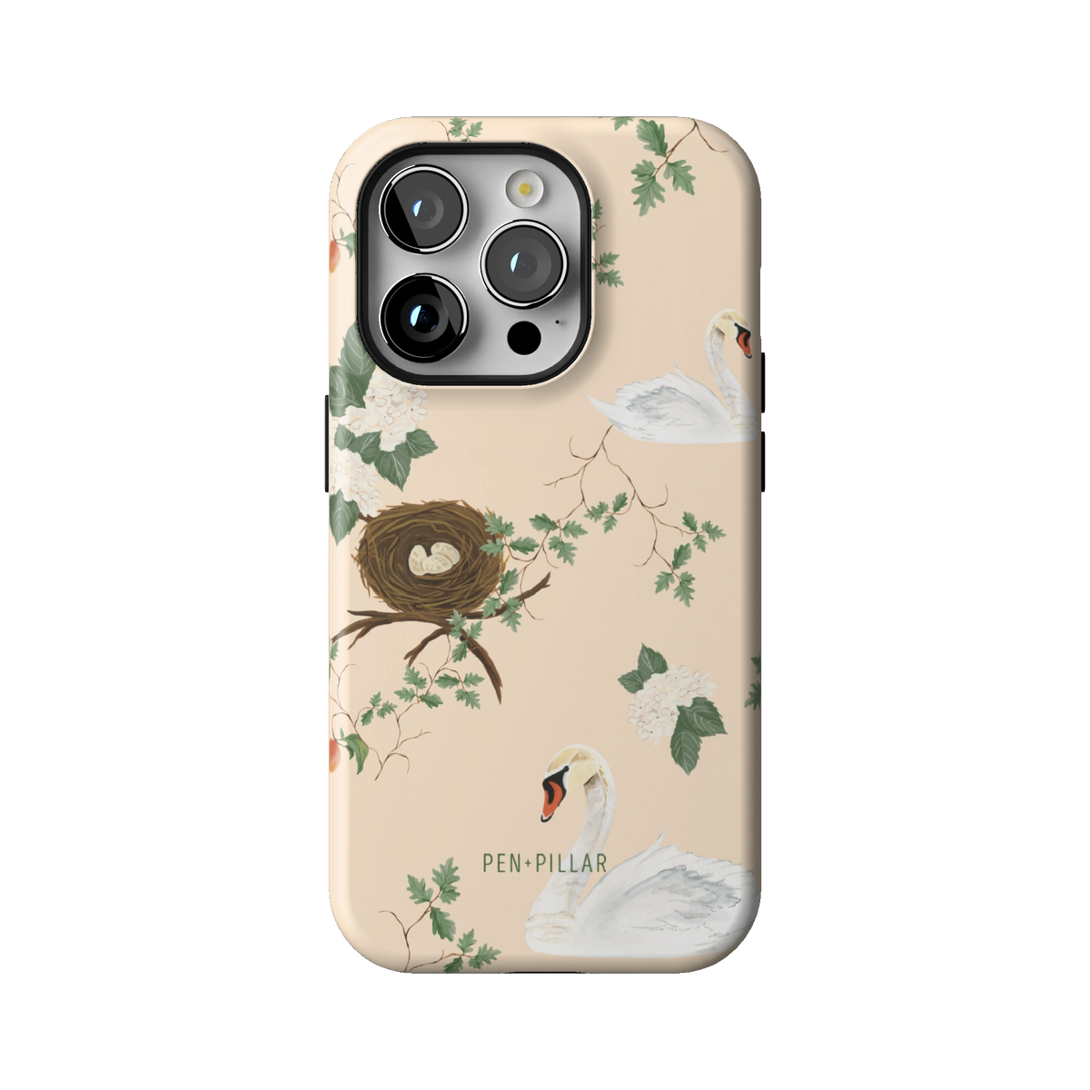 Swan Hollow case on iPhone 14 Pro, back view: swans, a bird's nest and trailing greenery on cream