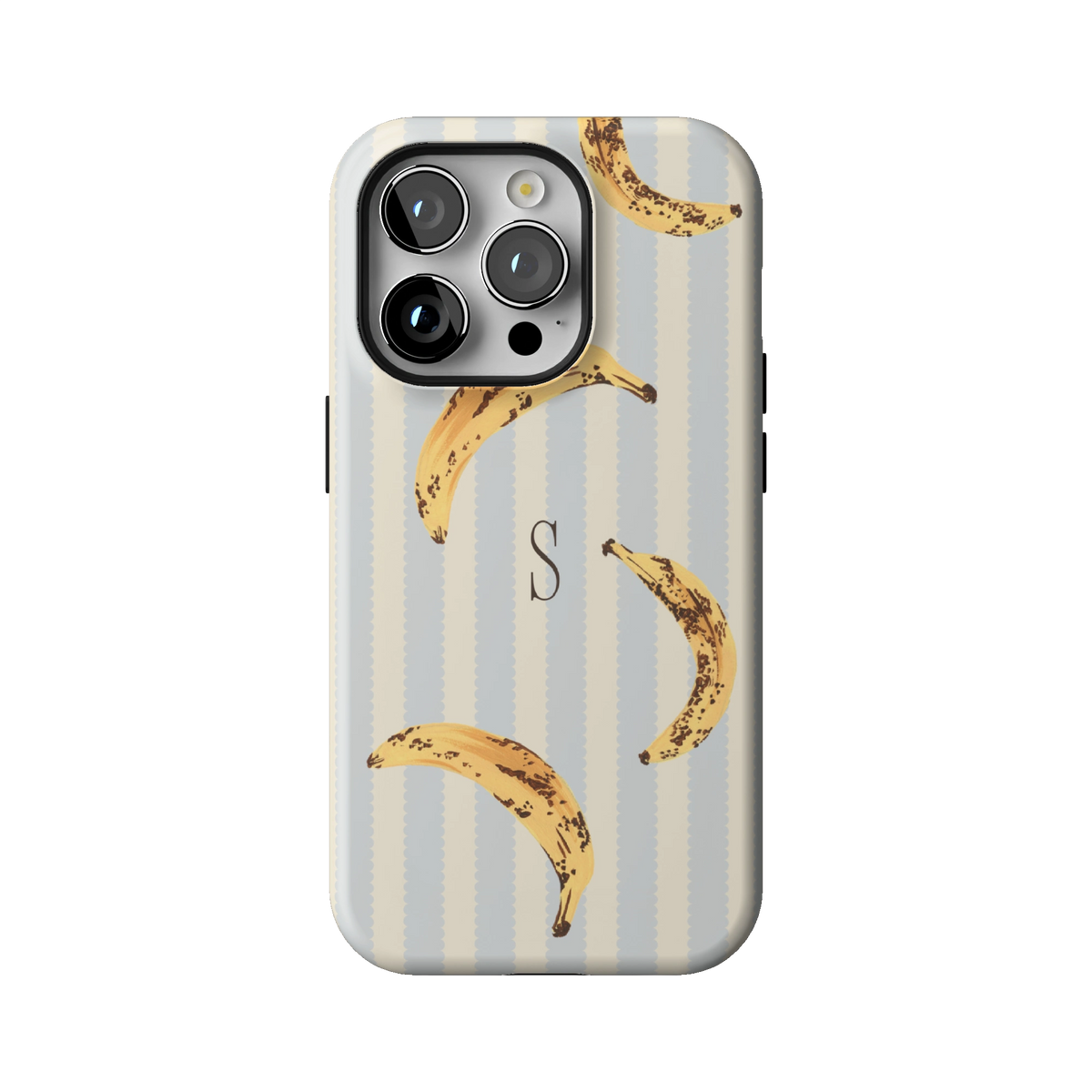 Striped Bananas Personalized case on iPhone 14 Pro, back view: ripe bananas on pale blue and cream stripes with the initial S