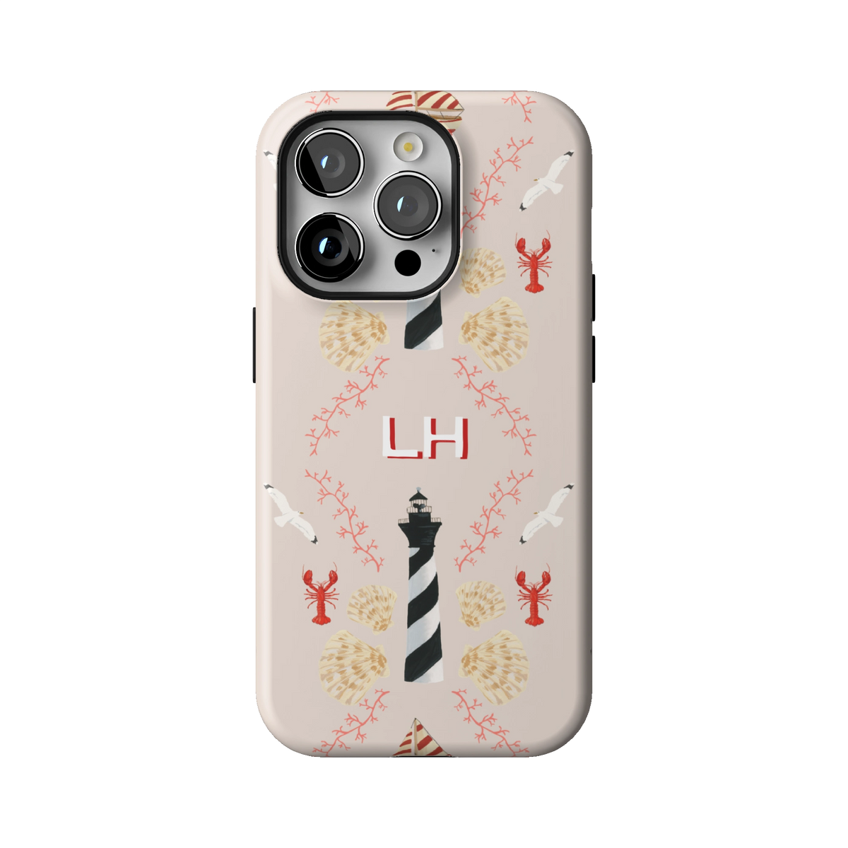 Lighthouse Personalized case on iPhone 14 Pro, back view: striped lighthouses, lobsters and seashells on blush with the initials LH