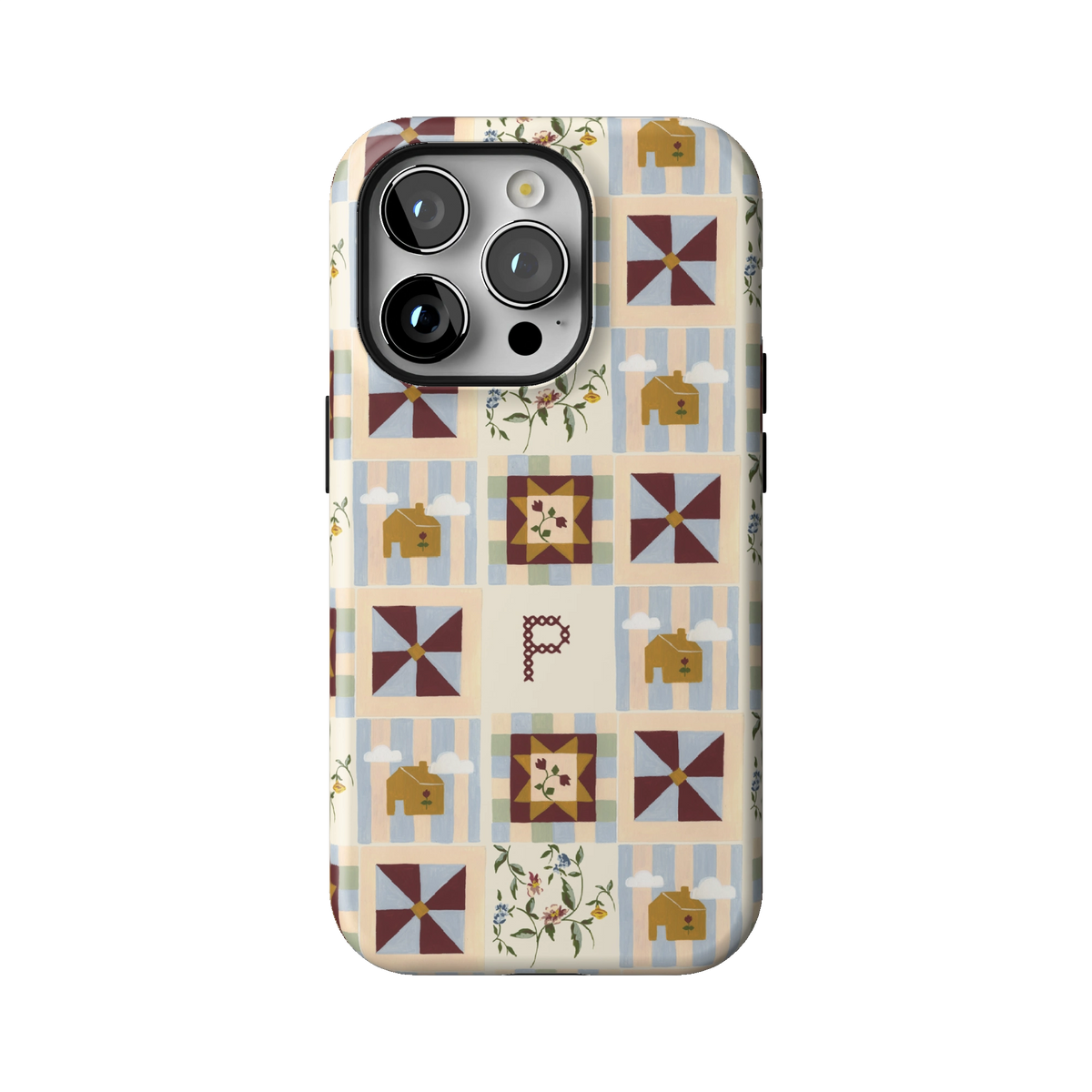 Pinwheel Personalized case on iPhone 14 Pro, back view: burgundy pinwheel quilt blocks on blue stripes with the initial P