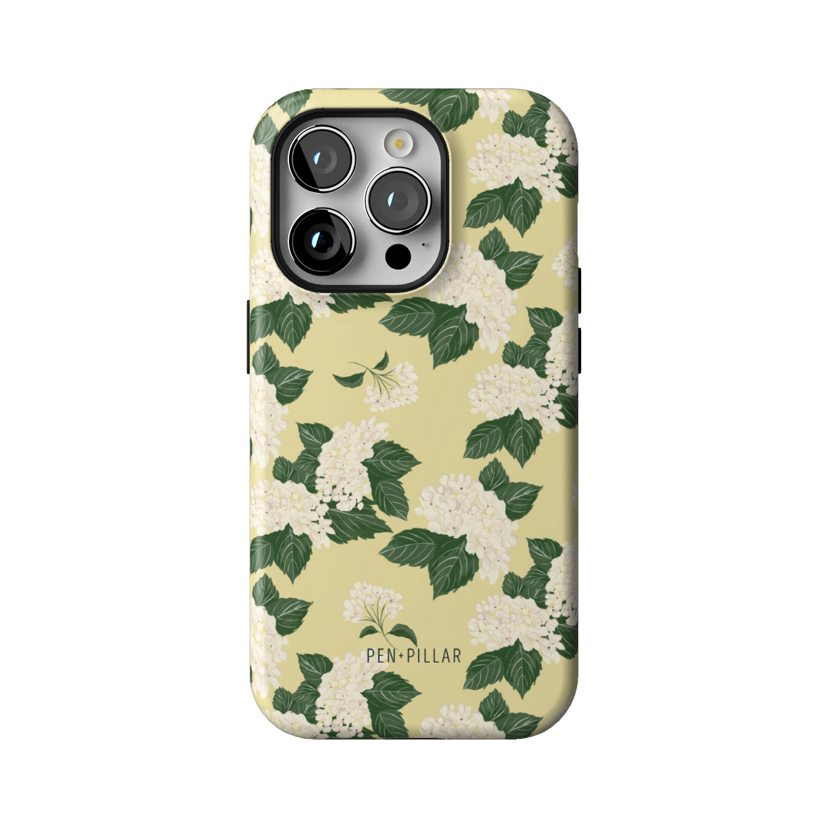 Hydrangea case on iPhone 14 Pro, back view: white hydrangeas and green leaves on buttery yellow