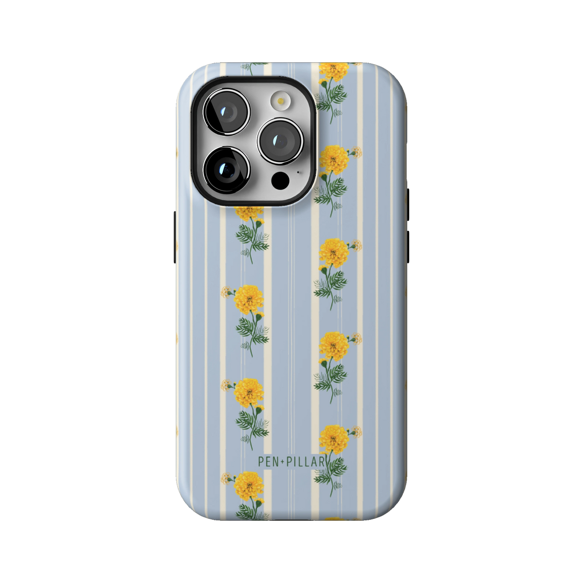 October Birth Month case on iPhone 14 Pro, back view: yellow marigolds on blue and cream stripes