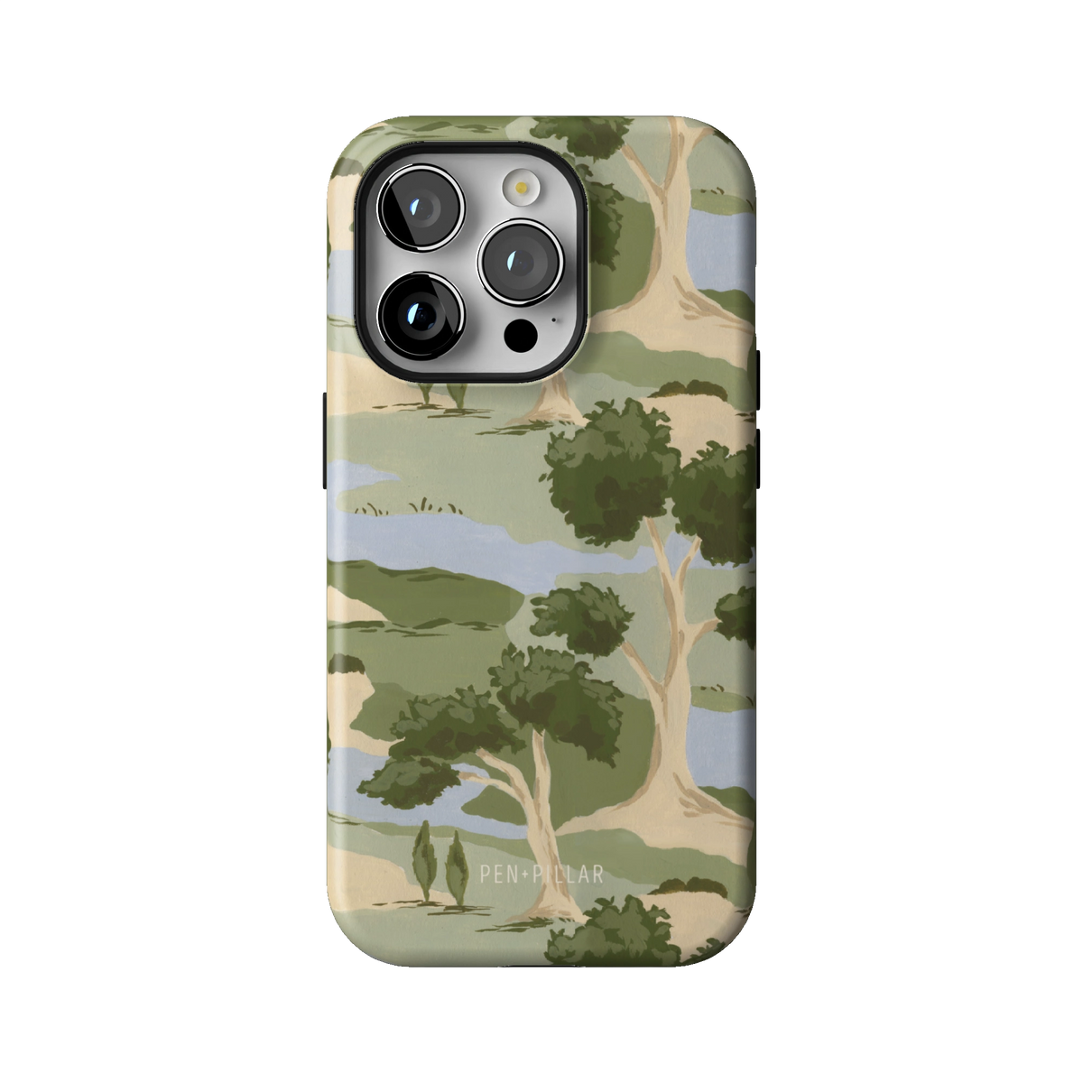 Orchard case on iPhone 14 Pro, back view: rolling green trees and winding blue streams on cream
