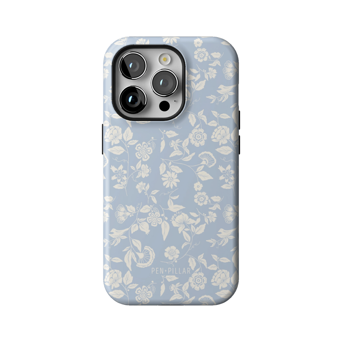 Spritz case on iPhone 14 Pro, back view: white florals on soft blue