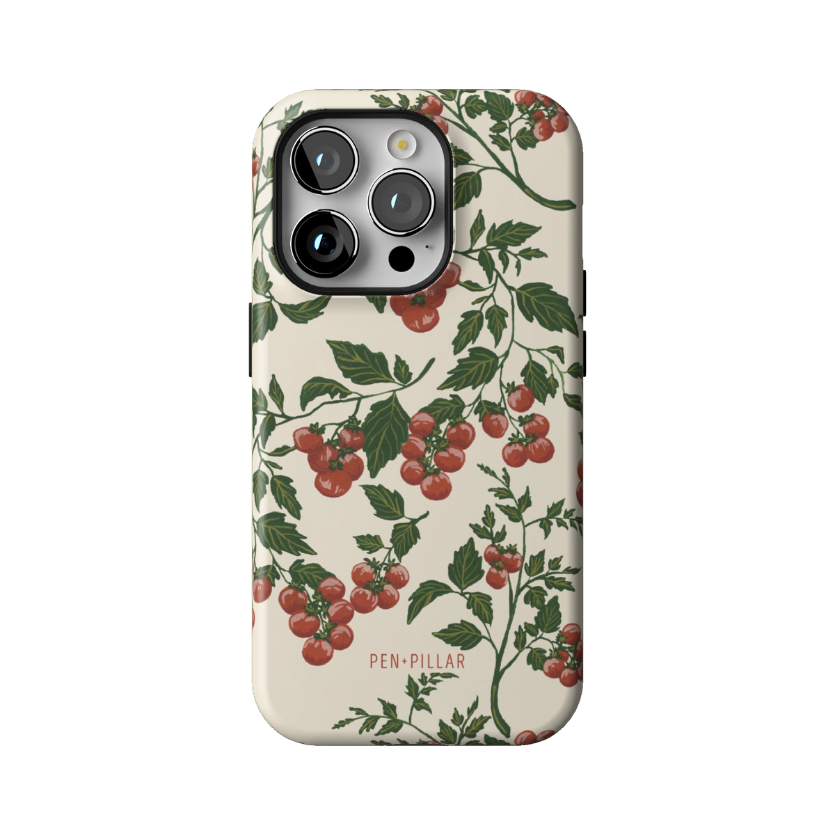 Tomato Vines case on iPhone 14 Pro, back view: red tomatoes on leafy green vines over cream