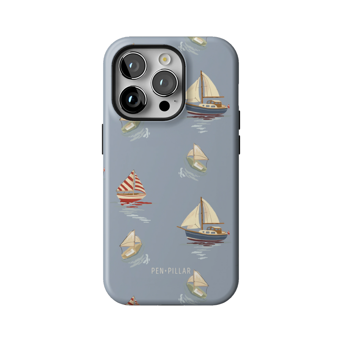 Harbor case on iPhone 14 Pro, back view: sailboats and paper boats on dusty blue