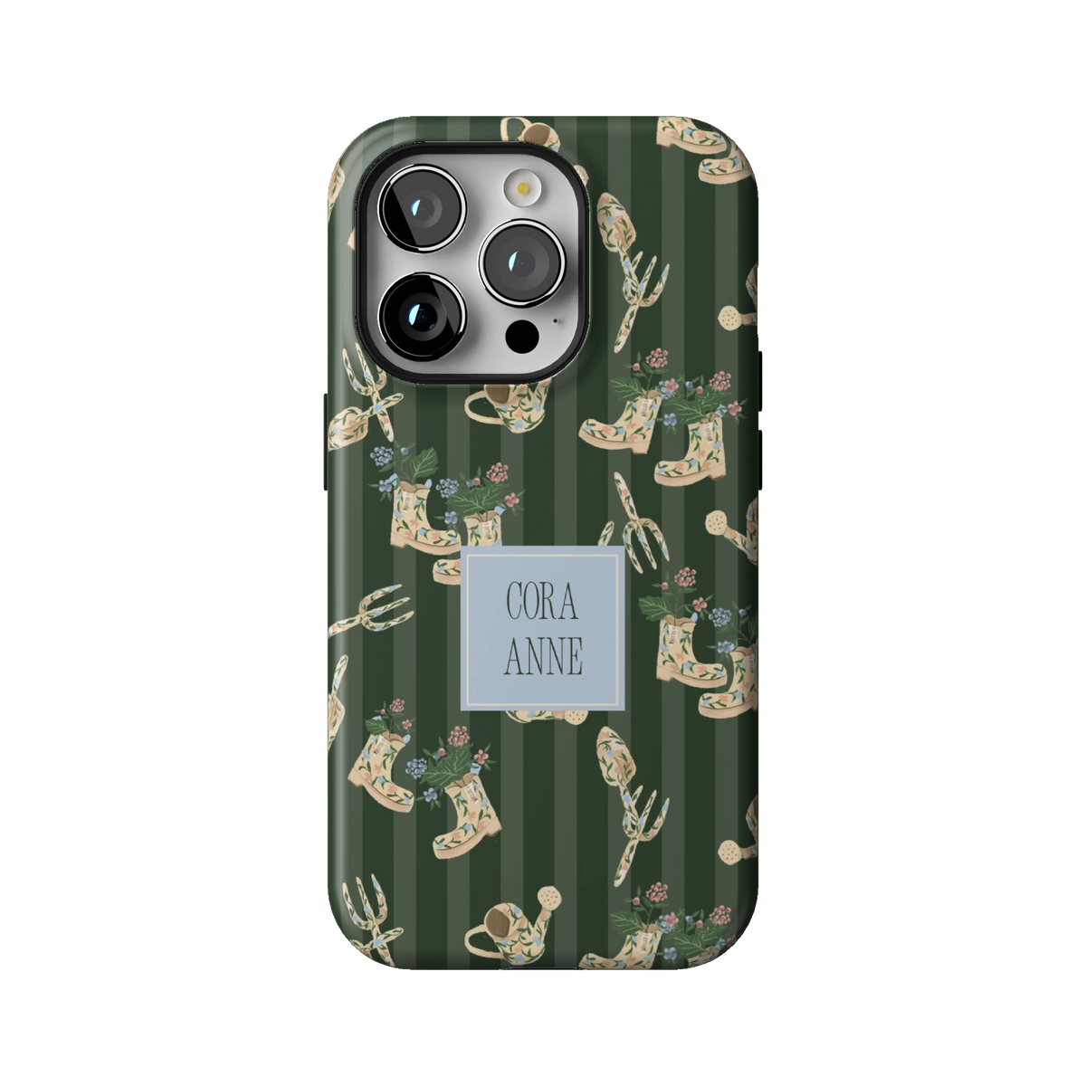 In the Garden Personalized case on iPhone 14 Pro, back view: garden boots, tools and florals on forest green stripes with the name Cora Anne