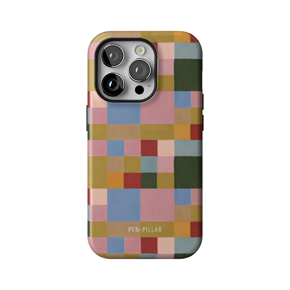 Colorblock case on iPhone 14 Pro, back view: painterly squares in blush, sky blue, mustard, rust and forest green