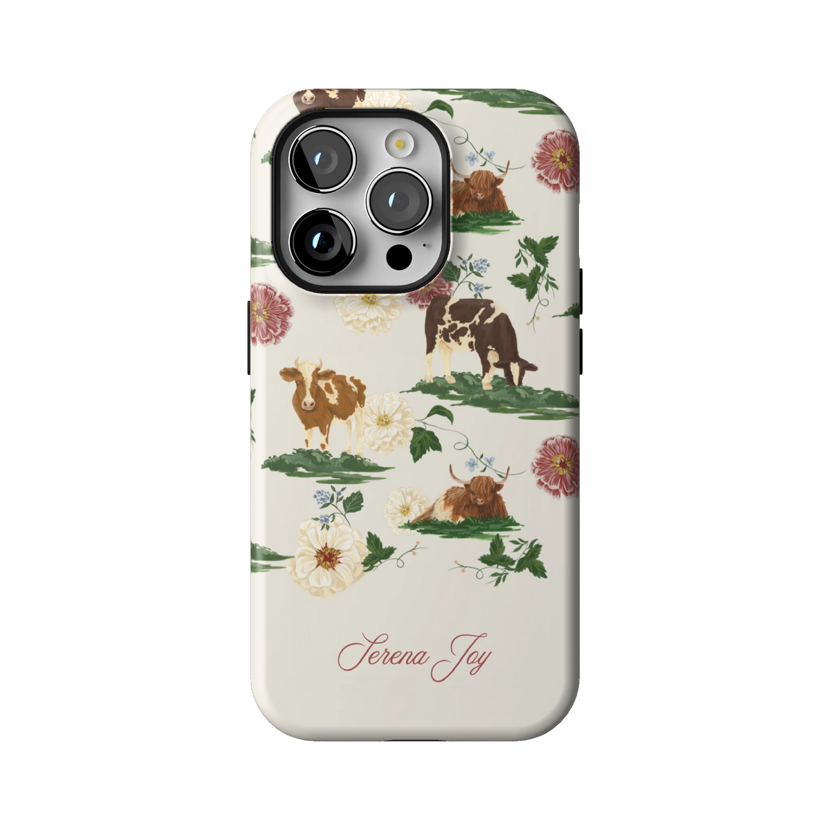 Pasture Personalized case on iPhone 14 Pro, back view: cows and dahlias in a countryside scene on cream with a name in script