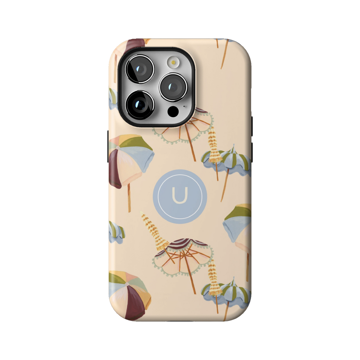 Umbrellas Personalized case on iPhone 14 Pro, back view: striped beach umbrellas and loungers on warm sand with the initial U