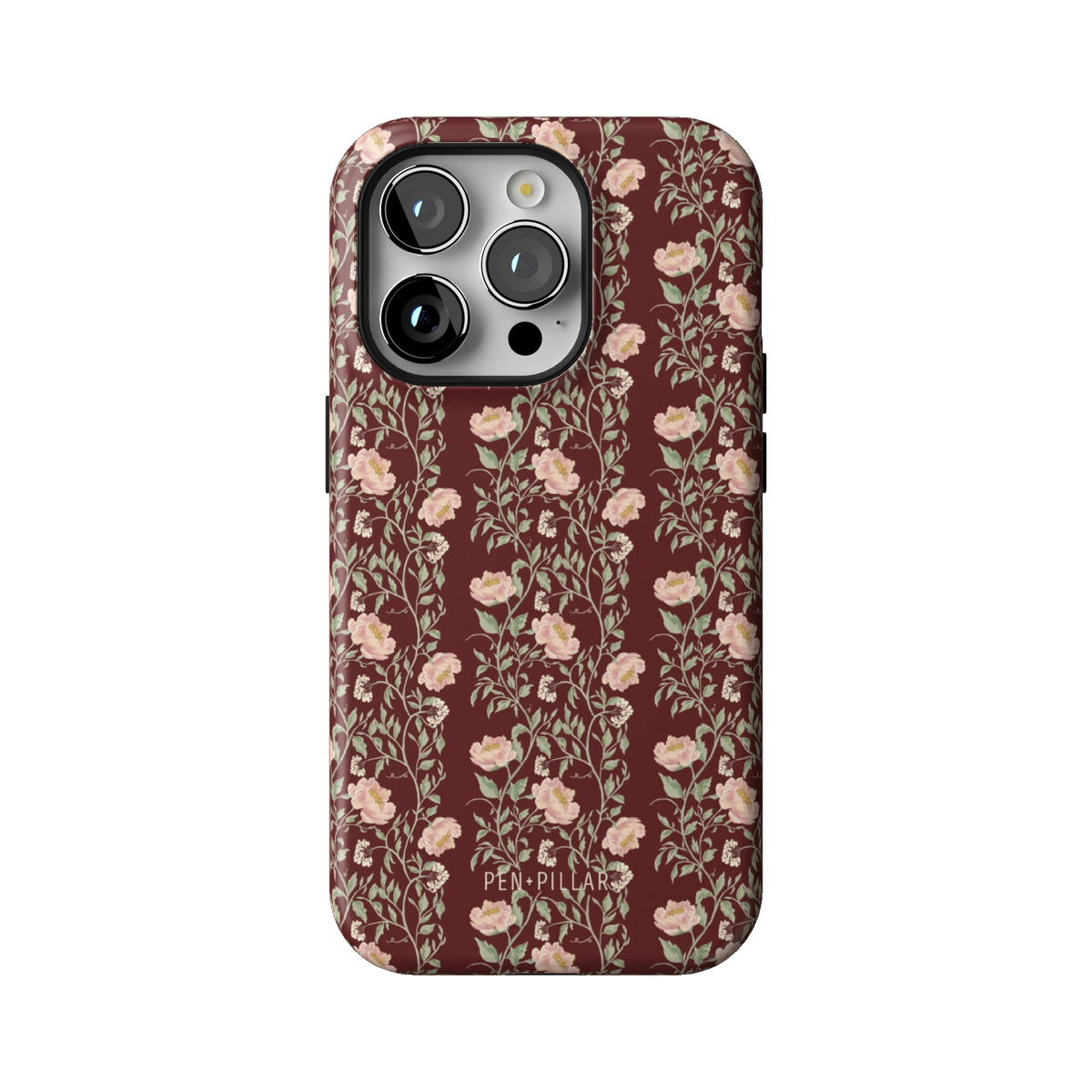 Thicket case on iPhone 14 Pro, back view: dense blush and cream florals on deep burgundy