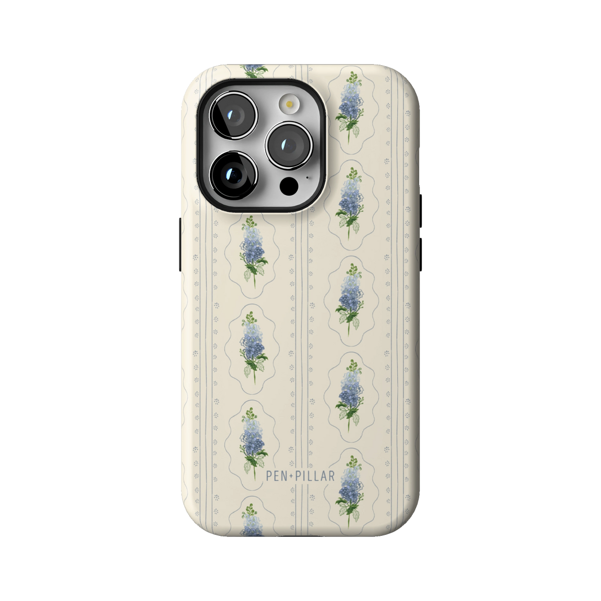July Birth Month case on iPhone 14 Pro, back view: blue larkspur in cream frames