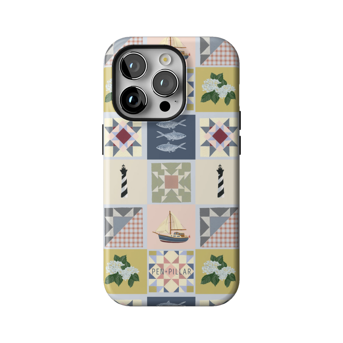 Coastal Quilt case on iPhone 14 Pro, back view: quilt blocks with sailboats, fish, a lighthouse and hydrangeas in navy, sage and blush