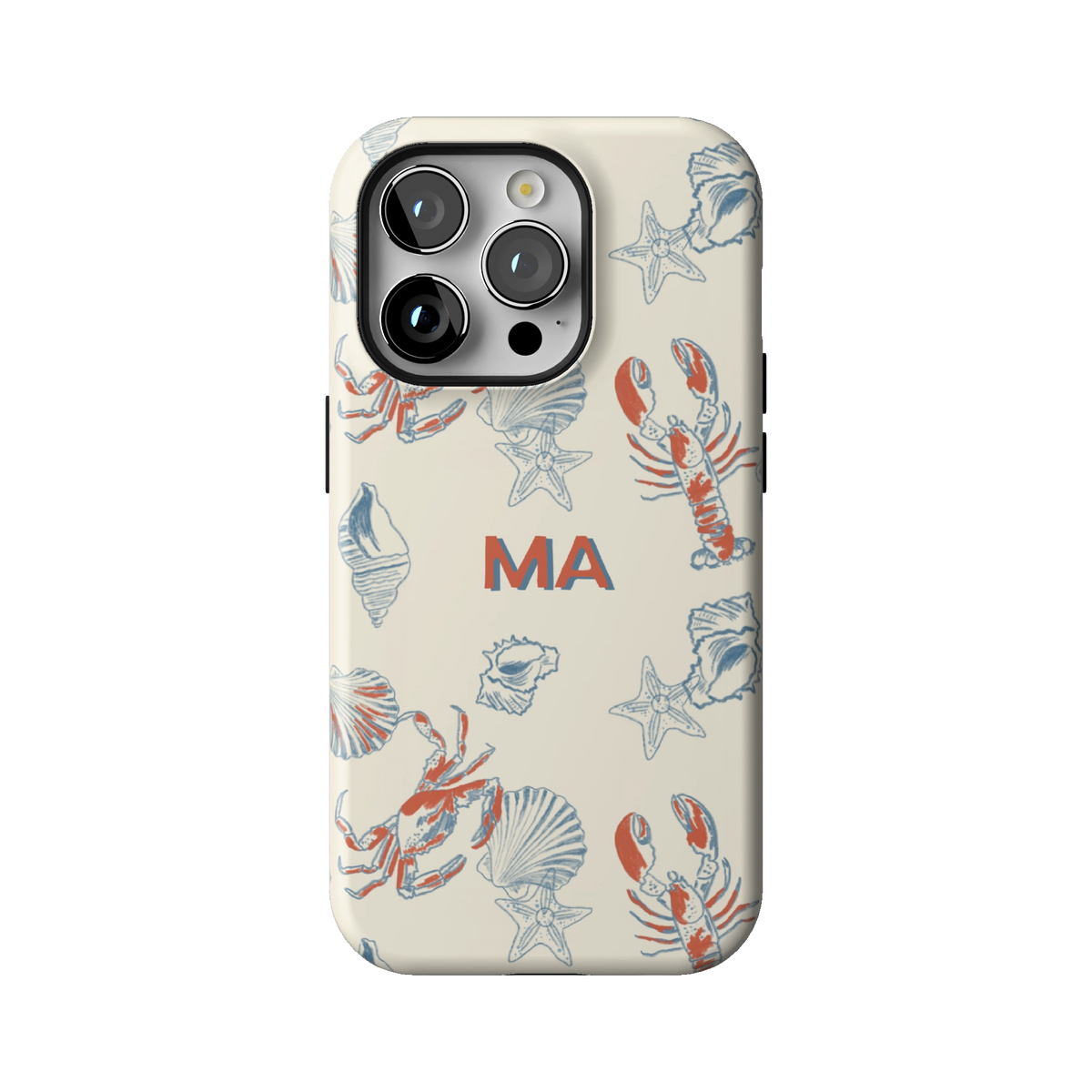 Mariner Personalized case on iPhone 14 Pro, back view: red lobsters, blue crabs and seashells on cream with the initials MA