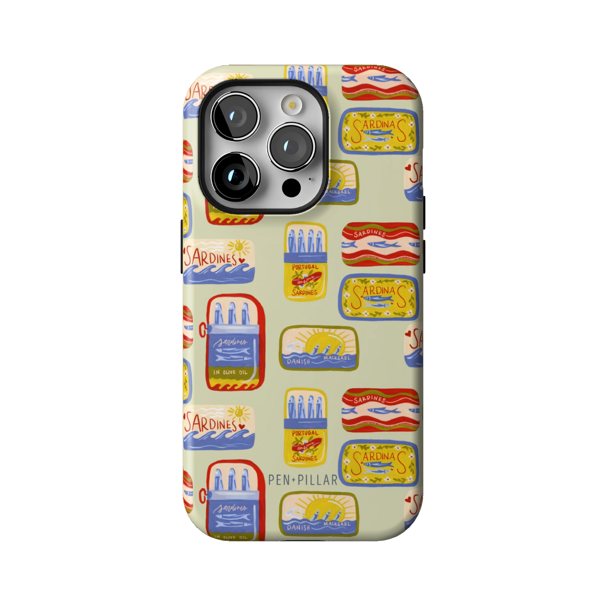 Sardines case on iPhone 14 Pro, back view: vintage sardine tins on pale sage
