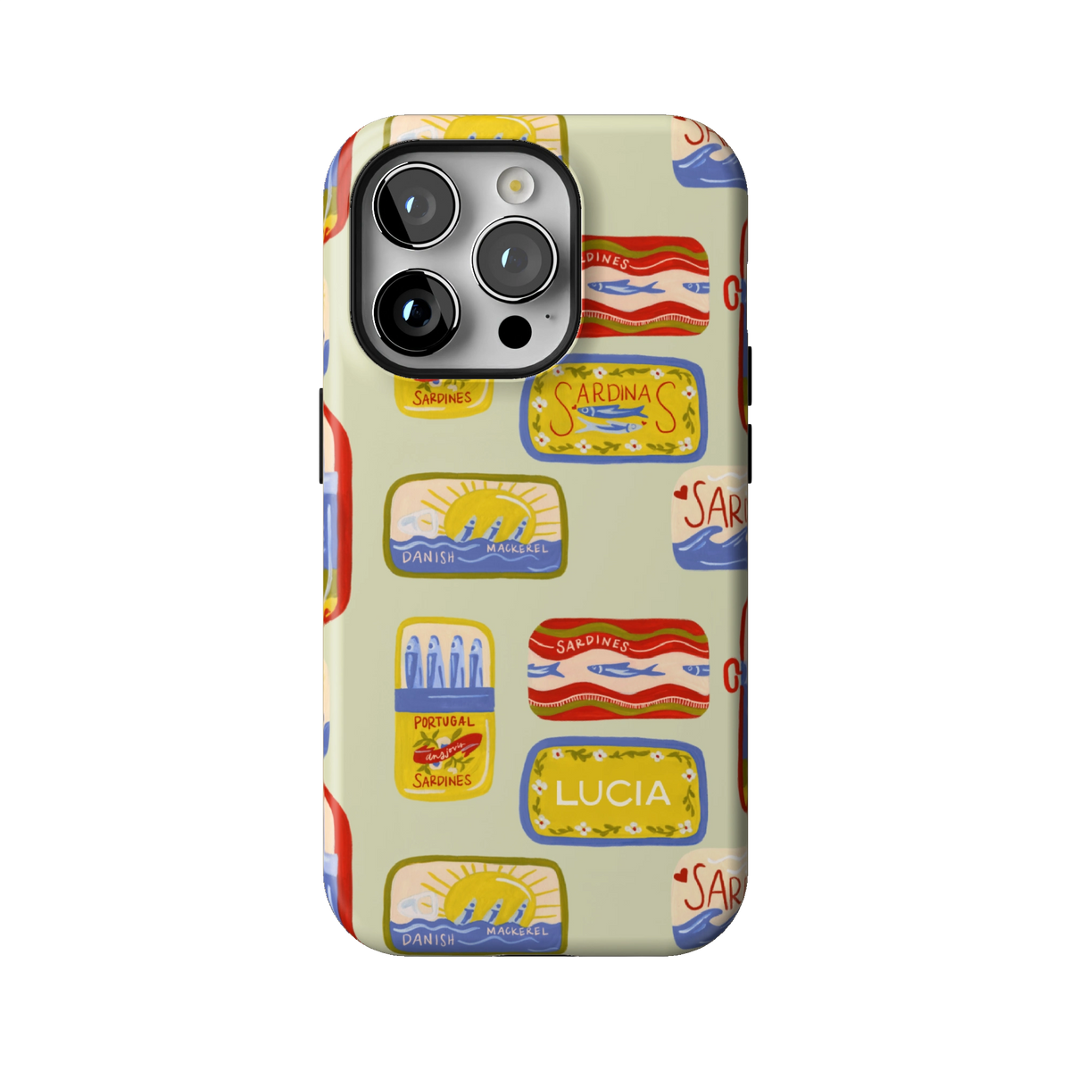 Sardines Personalized case on iPhone 14 Pro, back view: vintage sardine tins on pale sage with the name Lucia