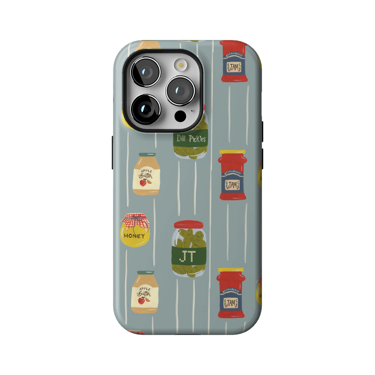 Preserves Personalized case on iPhone 14 Pro, back view: jars of honey, pickles and jam on slate blue stripes with the initials JT