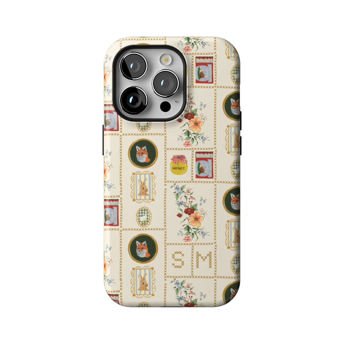 Sampler Personalized case on iPhone 14 Pro, back view: cross-stitch style squares of jars, animals and florals on cream with the initials SM