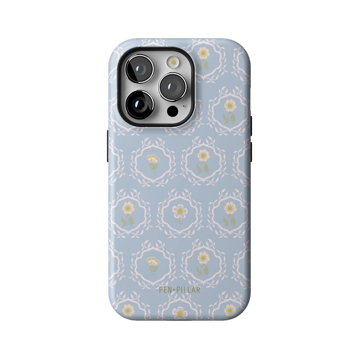 Merrigold case on iPhone 14 Pro, back view: small white florals in a lattice on pale blue