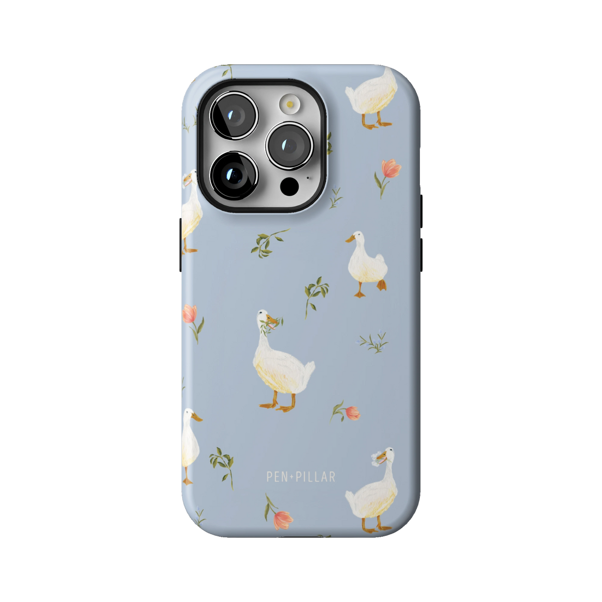 Ducks case on iPhone 14 Pro, back view: white ducks and small flower sprigs on soft blue