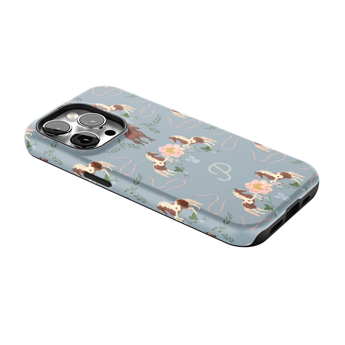 Prairie Personalized iPhone 14 Pro case lying at an angle, showing the side buttons and print wrapping the edges