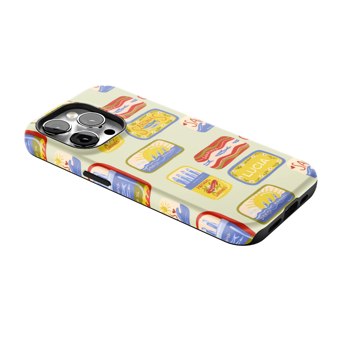 Sardines Personalized iPhone 14 Pro case lying at an angle, showing the side buttons and print wrapping the edges