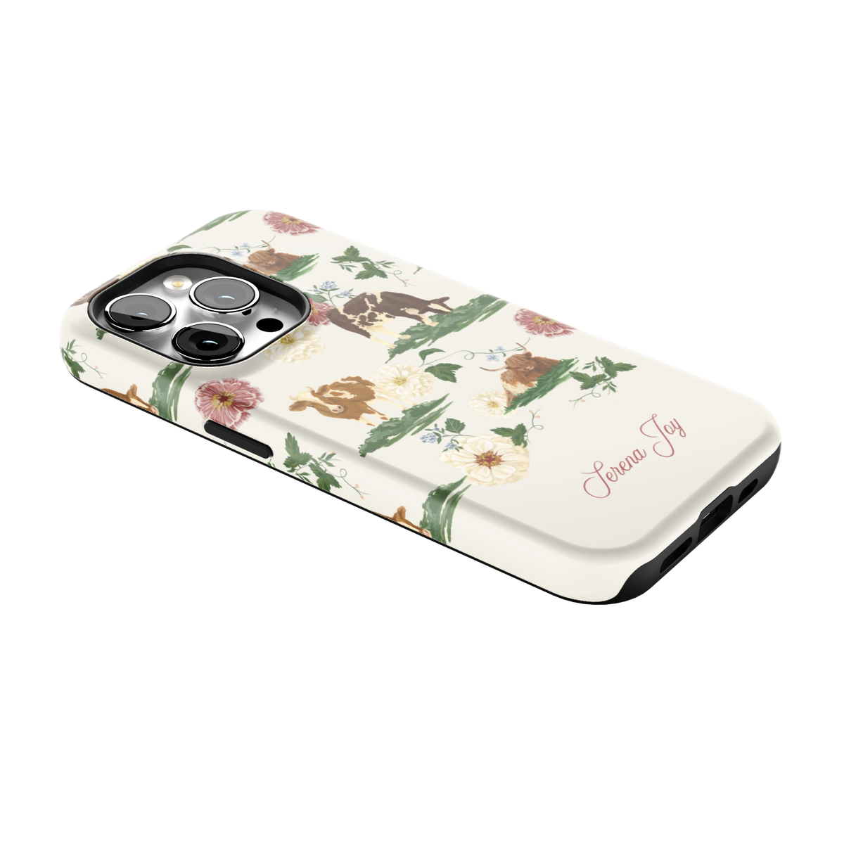 Pasture Personalized iPhone 14 Pro case lying at an angle, showing the side buttons and print wrapping the edges