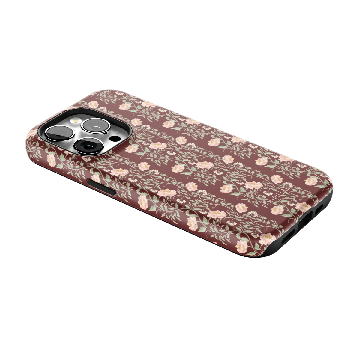 Thicket iPhone 14 Pro case lying at an angle, showing the side buttons and print wrapping the edges
